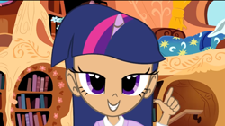 Size: 1366x764 | Tagged: safe, artist:skill:draw, imported from derpibooru, twilight sparkle, human, female, golden oaks library, humanized, lidded eyes, looking at you, solo, twilightlicious
