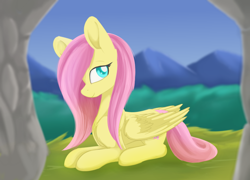 Size: 798x576 | Tagged: safe, artist:dusthiel, imported from derpibooru, fluttershy, colored pupils, female, grass, hair over one eye, looking at you, looking sideways, mountain, profile, prone, smiling, solo