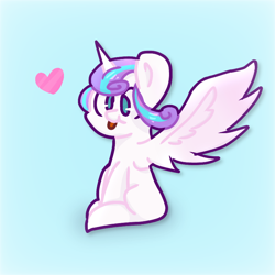 Size: 768x768 | Tagged: safe, artist:ponliestar, imported from derpibooru, princess flurry heart, alicorn, pony, blue background, female, heart, silly, silly pony, simple background, sitting, solo, spread wings, tongue out