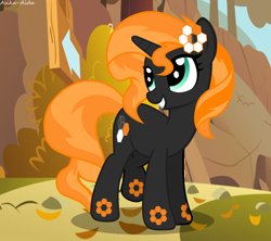 Size: 3744x3318 | Tagged: safe, artist:asika-aida, imported from derpibooru, oc, oc only, oc:carbon 6, object pony, original species, pony, unicorn, autumn, element pony, female, forest, leaf, looking back, mare, ponified, recolor, request, sign, smiling, solo