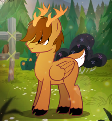 Size: 3288x3558 | Tagged: safe, artist:asika-aida, imported from derpibooru, oc, oc only, deer pony, hybrid, original species, pegasus, grass, horn, male, request, requested art, smiling, solo, stallion, tree