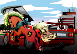 Size: 3507x2480 | Tagged: safe, artist:dormin-dim, artist:dormin-kanna, imported from derpibooru, oc, oc only, oc:appleseed, earth pony, pony, bandana, car, commission, ferrari, ferrari f40, looking back, male, motorsport, open mouth, race track, rear view, smiling, solo, stallion, supercar, underhoof