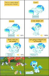 Size: 9100x14001 | Tagged: safe, artist:cyanlightning, imported from derpibooru, apple bloom, aquamarine, aura (character), button mash, noi, rumble, scootaloo, shady daze, sweetie belle, oc, oc:cyan lightning, earth pony, pegasus, pony, unicorn, comic:cyan's adventure, absurd resolution, aura (g4), clothes, colt, comic, cutie mark crusaders, female, filly, flower, male, ribbon, scarf, school, sleeping, speech bubble, vector, volume