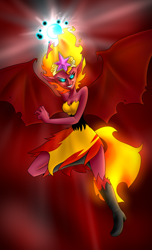 Size: 1560x2560 | Tagged: safe, artist:imskull, imported from derpibooru, sunset shimmer, equestria girls, big crown thingy, black sclera, clothes, element of magic, female, jewelry, magic, regalia, solo, sunset satan, torn clothes