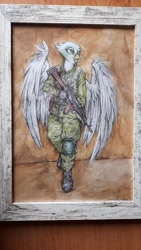 Size: 2592x4608 | Tagged: safe, artist:margothgalore, imported from derpibooru, greta, anthro, griffon, absurd resolution, ak74, camouflage, clothes, female, gun, military, rifle, solo, traditional art, uniform, weapon