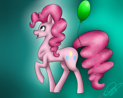 Size: 2500x2000 | Tagged: safe, artist:nickyyynka, imported from derpibooru, pinkie pie, balloon, female, green background, high res, raised hoof, solo