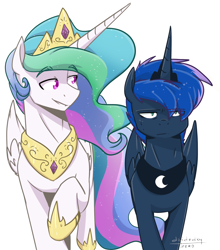 Size: 2108x2396 | Tagged: safe, artist:lrusu, imported from derpibooru, princess celestia, princess luna, alicorn, pony, :|, collar, duo, jewelry, lidded eyes, necklace, raised hoof, regalia, rule 63, simple background, smiling, transparent background, unamused