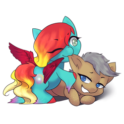 Size: 2449x2449 | Tagged: safe, artist:wynnchi, imported from derpibooru, oc, oc only, oc:andromeda, oc:moon cake, earth pony, pegasus, pony, blue eyes, cute, duo, ear bite, female, gradient mane, hnnng, male, mare, nibbling, ocbetes, prone, simple background, stallion, white background