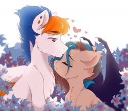 Size: 1637x1422 | Tagged: safe, artist:dagmell, imported from derpibooru, oc, oc only, bat pony, pegasus, pony, bat wings, colt, commission, cute, ear fluff, embarrassed, female, flower, fluffy, fur, heart, kissing, male, mare, mare and stallion, oc x oc, shipping, wings