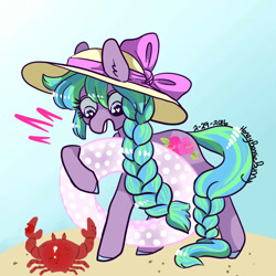 Size: 1000x1000 | Tagged: safe, artist:honeybonniebunny, imported from derpibooru, tropical delight, crab, pony, beach, bow, braid, female, g3, hat, inner tube, sand, solo, wingding eyes