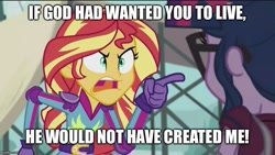 Size: 800x450 | Tagged: safe, edit, edited screencap, imported from derpibooru, screencap, sci-twi, sunset shimmer, twilight sparkle, equestria girls, friendship games, angry, exploitable meme, god, image macro, imminent murder, meme, soldier, sunset yells at twilight, team fortress 2