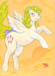 Size: 699x962 | Tagged: safe, artist:motheaten, imported from derpibooru, surprise, bow, female, g1, solo, sunset, surprise (g1), tail bow, traditional art