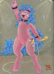 Size: 700x963 | Tagged: safe, artist:motheaten, imported from derpibooru, melody, earth pony, pony, my little pony tales, bipedal, female, g1, mare, microphone, solo, spotlight