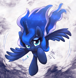 Size: 1475x1520 | Tagged: safe, artist:joakaha, imported from derpibooru, princess luna, pony, female, flying, looking at you, missing accessory, raised hoof, signature, solo, spread wings, sweat, sweatdrop, worried