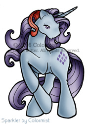 Size: 338x464 | Tagged: safe, artist:colormist, imported from derpibooru, sparkler (g1), pony, unicorn, female, g1, no mouth, simple background, solo, watermark, white background