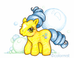 Size: 339x266 | Tagged: safe, artist:colormist, imported from derpibooru, bubbles (g1), earth pony, pony, bubble, coat markings, curly mane, facial markings, female, g1, simple background, solo, star (coat marking), white background