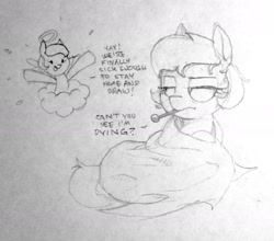 Size: 2395x2105 | Tagged: safe, artist:selenophile, imported from derpibooru, oc, oc only, oc:wet paint, angel, annoyed, backwards thermometer, blanket, conscience, dialogue, female, halo, happy, lidded eyes, monochrome, open mouth, pitiful, sick, sketch, smiling, solo, thermometer
