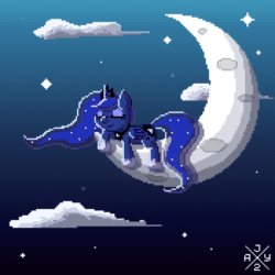 Size: 700x700 | Tagged: safe, artist:auro-ria, imported from derpibooru, princess luna, alicorn, pony, animated, cloud, cute, dreamworks, eyes closed, gif, moon, night, pixel art, prone, sky, sleeping, smiling, solo, stars, tangible heavenly object