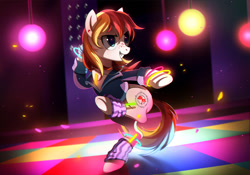 Size: 1145x801 | Tagged: safe, artist:ruhje, imported from derpibooru, oc, oc only, oc:ruby hop, pony, clothes, commission, dance floor, dancing, female, glow rings, jacket, leg warmers, mare, nightclub, smiling, solo