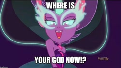 Size: 800x451 | Tagged: safe, edit, edited screencap, imported from derpibooru, screencap, sci-twi, twilight sparkle, equestria girls, friendship games, discovery family logo, doomed, female, image macro, meme, micah, midnight sparkle, solo, we're all doomed, where is your god now?