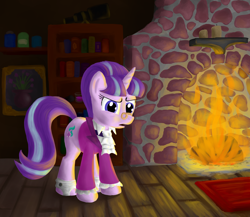 Size: 3316x2880 | Tagged: safe, artist:mc_labs15, imported from derpibooru, snowfall frost, starlight glimmer, pony, unicorn, a hearth's warming tail, book, bookshelf, clothes, cufflinks, cuffs (clothes), female, fire, fireplace, glasses, hearth's warming eve, open mouth, painting, solo, telescope