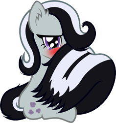 Size: 1541x1628 | Tagged: safe, artist:badumsquish, derpibooru exclusive, imported from derpibooru, marble pie, original species, skunk, skunk pony, blushing, cute, female, hiding behind tail, looking at you, pun, shy, simple background, skunkified, smiling, solo, species swap, tail wrap, transparent background