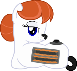 Size: 1912x1779 | Tagged: safe, artist:badumsquish, derpibooru exclusive, imported from derpibooru, oc, oc only, oc:ginger-bread, original species, toaster pony, badumsquish strikes again, coils, draw me like one of your french girls, female, freckles, ginger, hair bun, looking at you, looking back, on side, red hair, side, simple background, slots, smiling, solo, toaster, transparent background