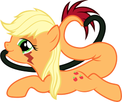 Size: 2125x1782 | Tagged: safe, artist:badumsquish, derpibooru exclusive, imported from derpibooru, applejack, oc, oc only, monster pony, original species, tatzlpony, bedroom eyes, female, heart, looking at you, prehensile tail, prehensile tongue, prone, simple background, smiling, solo, species swap, tatzljack, transparent background