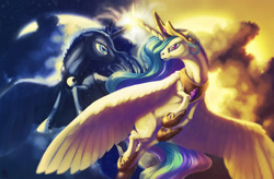 Size: 1887x1241 | Tagged: safe, artist:t0xiceye, imported from derpibooru, princess celestia, princess luna, alicorn, pony, duo, glowing horn, large wings, moon, sun, wings