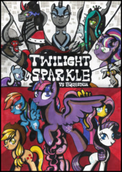 Size: 800x1124 | Tagged: safe, artist:kawaii-desudesu, imported from derpibooru, applejack, discord, fluttershy, king sombra, lord tirek, nightmare moon, pinkie pie, queen chrysalis, rainbow dash, rarity, starlight glimmer, trixie, twilight sparkle, twilight sparkle (alicorn), alicorn, changeling, draconequus, earth pony, pegasus, pony, unicorn, mane six, parody, scott pilgrim vs the world, traditional art