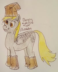 Size: 1160x1440 | Tagged: safe, artist:rapidsnap, imported from derpibooru, derpy hooves, pegasus, pony, female, mare, nightmare night, paper bag, solo, traditional art