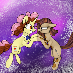 Size: 1000x1000 | Tagged: safe, artist:chibadeer, imported from derpibooru, oc, oc only, earth pony, pony, unicorn, abstract background, holding hooves, smiling, unamused