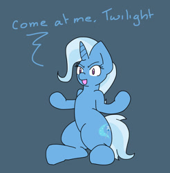 Size: 2072x2106 | Tagged: safe, artist:lou, imported from derpibooru, trixie, pony, unicorn, come at me bro, dialogue, female, fight, simple background, solo