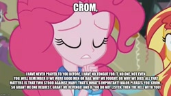 Size: 887x500 | Tagged: safe, imported from derpibooru, mystery mint, pinkie pie, sunset shimmer, equestria girls, friendship games, bracelet, conan the barbarian, crom, jewelry, necktie, pinkie pie praying, praying