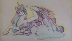 Size: 1024x576 | Tagged: safe, artist:oneiria-fylakas, imported from derpibooru, princess flurry heart, oc, oc only, oc:shiny heart, pony, unicorn, blanket, colored wings, colored wingtips, female, mare, offspring, older, parent:princess cadance, parent:shining armor, parents:shiningcadance, prone, sisters, sleeping, traditional art