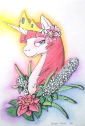 Size: 1024x1502 | Tagged: safe, artist:oneiria-fylakas, imported from derpibooru, oc, oc only, oc:fausticorn, alicorn, pony, bust, crown, flower, flower in hair, jewelry, plant, portrait, regalia, solo, traditional art