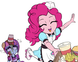 Size: 898x710 | Tagged: safe, artist:kul, imported from derpibooru, pinkie pie, sunny flare, coinky-dink world, eqg summertime shorts, equestria girls, burger, confused, dirty, eyes closed, fast food, female, food, french fries, open mouth, roller skates, server pinkie pie, simple background, smiling, soda, tray, white background