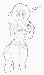 Size: 566x960 | Tagged: safe, artist:zacharyisaacs, imported from derpibooru, fluttershy, anthro, belt, breasts, busty fluttershy, cleavage, female, metallica, piercing, solo