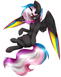 Size: 3145x3985 | Tagged: safe, artist:montyowl, imported from derpibooru, oc, oc only, oc:flaming rainbow, alicorn, pony, alicorn oc, colored wings, female, grin, heterochromia, mare, multicolored wings, simple background, smiling, solo, spread wings, transparent background