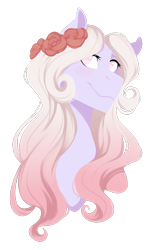 Size: 721x1185 | Tagged: safe, artist:harmoniousrain, deleted from derpibooru, imported from derpibooru, oc, oc only, earth pony, pony, beautiful, female, flower, flower in hair, gift art, mare, simple background, smiling, solo