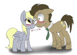 Size: 2000x1420 | Tagged: safe, artist:pucksterv, imported from derpibooru, derpy hooves, doctor whooves, time turner, pegasus, pony, blushing, boop, cute, doctorderpy, female, heart, male, mare, necktie, nuzzling, shipping, simple background, straight, transparent background