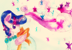 Size: 1024x719 | Tagged: safe, artist:chiuuchiuu, imported from derpibooru, twilight sparkle, alicorn, pony, what about discord?, clothes, dress, female, folded wings, gala dress, magic, solo, traditional art, twilight sparkle (alicorn), watercolor painting, wings