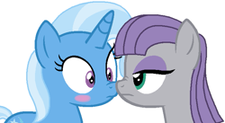 Size: 713x392 | Tagged: safe, artist:mlpfimlover97, artist:shiibases, artist:twiily-bases, imported from derpibooru, maud pie, trixie, pony, unicorn, base used, blushing, boop, female, lesbian, mare, mauxie, nose wrinkle, noseboop, shipping