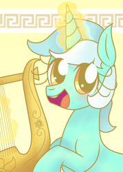 Size: 600x840 | Tagged: safe, artist:glitterclamopera, imported from derpibooru, lyra heartstrings, female, glowing horn, harp, magic, musical instrument, solo
