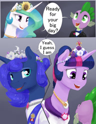 Size: 1280x1656 | Tagged: safe, artist:silfoe, imported from derpibooru, princess celestia, princess luna, spike, twilight sparkle, alicorn, dragon, pony, royal sketchbook, clothes, comic, dialogue, dress, female, lesbian, nervous, open mouth, royal sisters, shipping, smiling, sweat, twilight sparkle (alicorn), twiluna, wedding dress