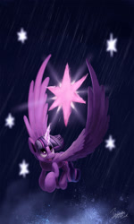 Size: 1078x1792 | Tagged: safe, artist:insanerobocat, imported from derpibooru, twilight sparkle, alicorn, pony, cutie mark, female, flying, glowing horn, large wings, magic, open mouth, rain, smiling, solo, twilight sparkle (alicorn), wings