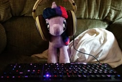 Size: 1440x967 | Tagged: safe, imported from derpibooru, twilight sparkle, alicorn, pony, 4de, headphones, irl, keyboard, photo, pillow, plushie, solo, twilight sparkle (alicorn)