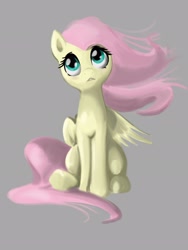 Size: 1536x2048 | Tagged: safe, artist:flutterzbk, imported from derpibooru, fluttershy, female, gray background, head tilt, looking up, open mouth, simple background, sitting, solo, windswept mane