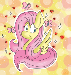 Size: 1114x1182 | Tagged: safe, artist:fanshine-zero, imported from derpibooru, fluttershy, butterfly, :t, abstract background, bust, female, heart, looking away, portrait, solo, spread wings