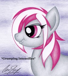 Size: 1526x1685 | Tagged: safe, artist:thechrispony, imported from derpibooru, oc, oc only, oc:hired gun, earth pony, pony, fallout equestria, fallout equestria: heroes, female, grumpy, mare, nose wrinkle, scrunchy face, solo, traditional art